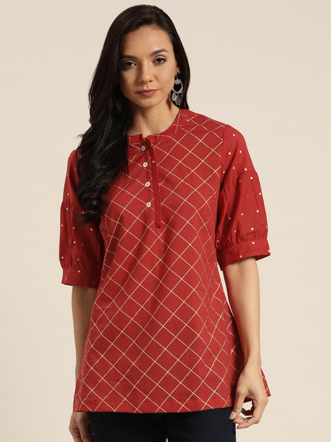 

Sangria Women Red & Golden Checked Pure Cotton Regular Top