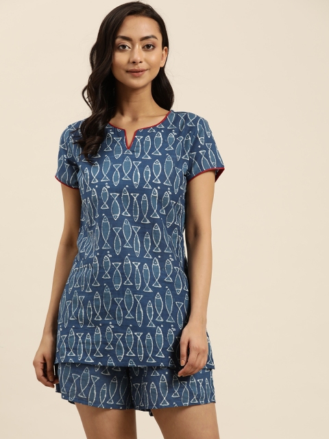 

Sangria Women Navy Blue & Off-White Pure Cotton Printed Top with Shorts
