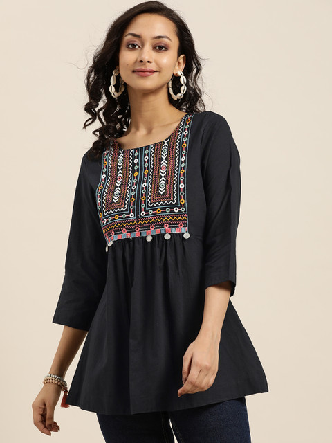 

Sangria Women Black Embroidered Yoke Design Pure Cotton Top