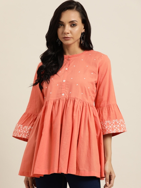 

Sangria Women Peach-Coloured & White Pure Cotton Embroidered Bell Sleeves A-Line Tops