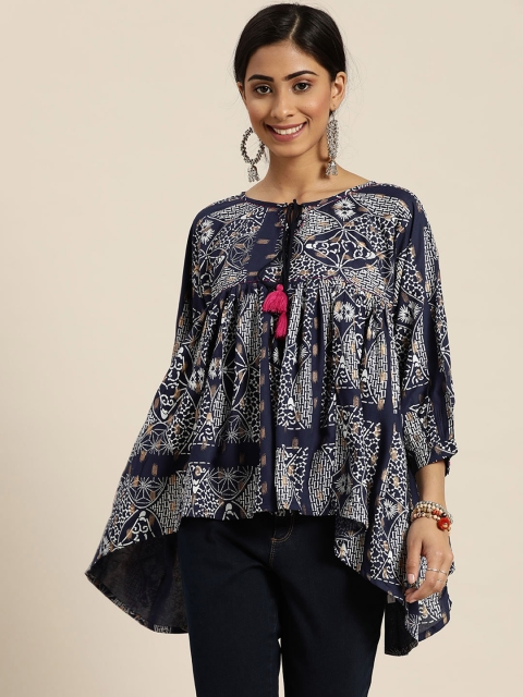 

Sangria Women Navy Blue & White Ethnic Motifs Printed Pure Cotton A-Line Top