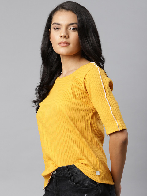 

Roadster Women Mustard Yellow Striped T-shirt