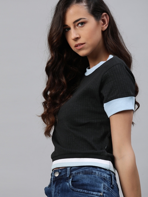 

Roadster Women Charcoal Grey Ribbed Fitted Crop Top