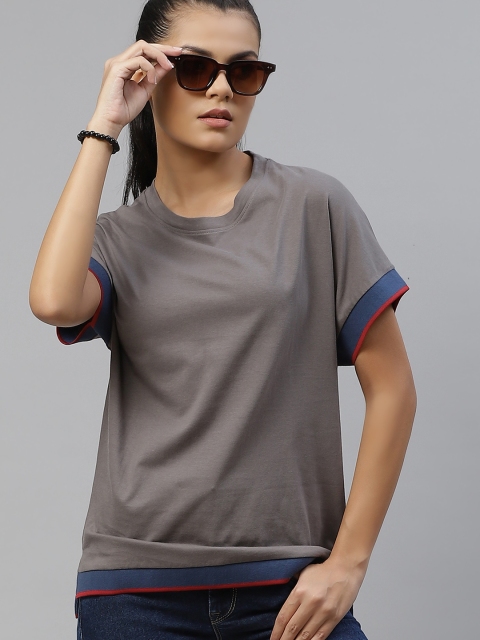 

The Roadster Lifestyle Co Women Grey Solid Pure Cotton T-shirt