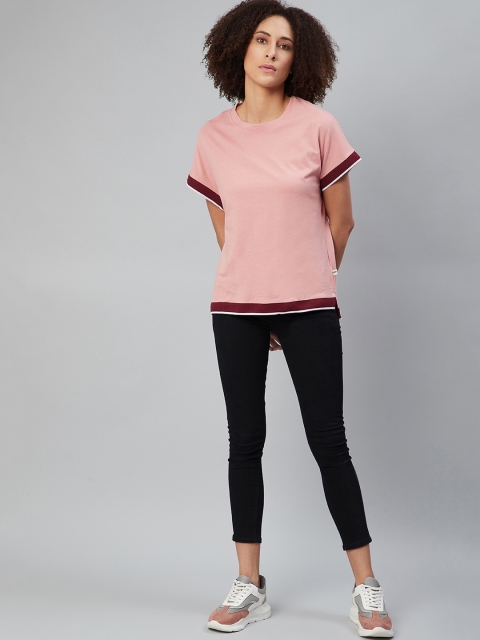 

The Roadster Lifestyle Co Women Pink Pure Cotton Solid Extended Sleeves High Low T-shirt
