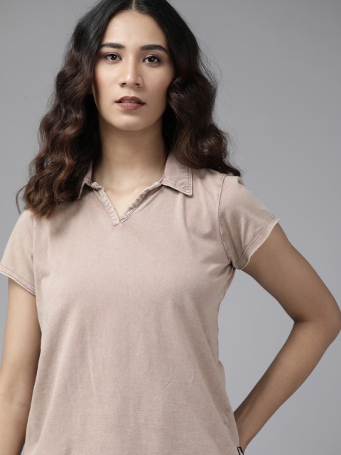 

Roadster Women Taupe Polo Collar Pure Cotton T-shirt