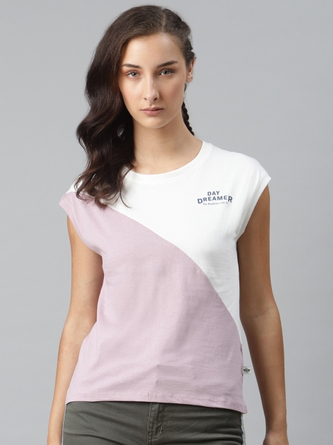 

Roadster Women White & Pink Colourblocked Pure Cotton Round Neck Relaxed T-shirt