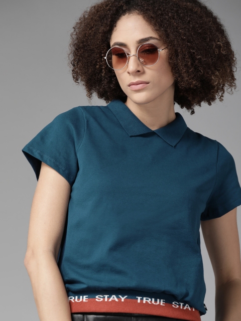 

Roadster Women Teal Blue Peter Pan Collar Blouson Top