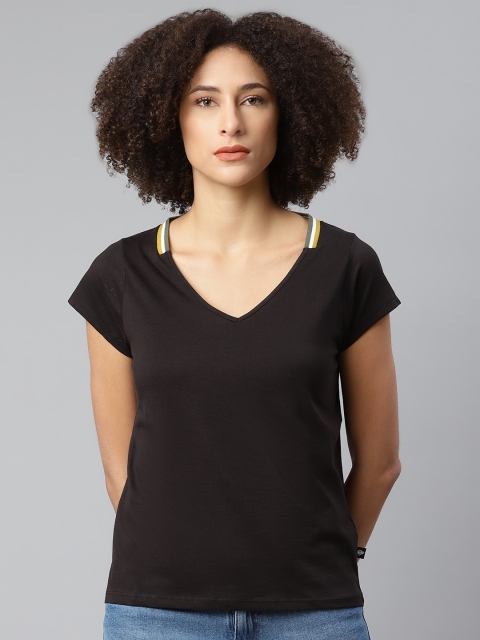 

The Roadster Lifestyle Co Women Black Pure Cotton V-Neck Pure Cotton T-shirt