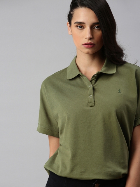 

Roadster Women Olive Green Pure Cotton Oversized Polo Collar Solid T-shirt
