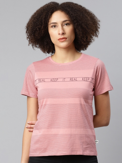 

Roadster Women Pink & Brown Striped Pure Cotton T-shirt