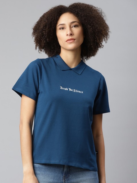 

Roadster Women Navy Blue & White Solid Polo Collar T-shirt With Typographic Detail