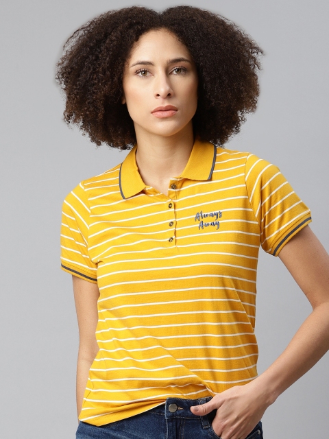 

The Roadster Lifestyle Co Women Mustard Yellow White Pure Cotton Striped Pure Cotton T-shirt