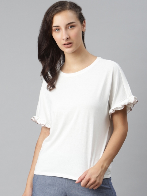 

Roadster Off White Solid Lettuce Sleeves Loose Fit Pure Cotton Top