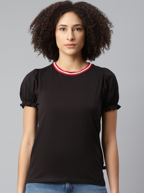 

Roadster Women Black Cotton Puff Sleeves T-shirt