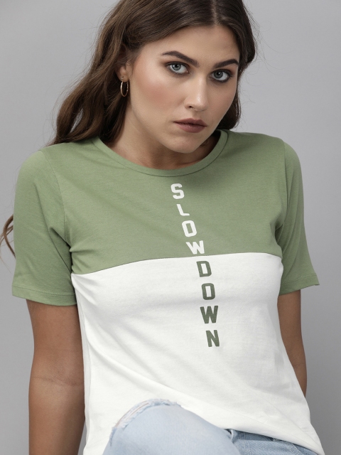 

The Roadster Lifestyle Co Women White & Olive Colourblocked Slow Down Typo Round Neck T-shirt