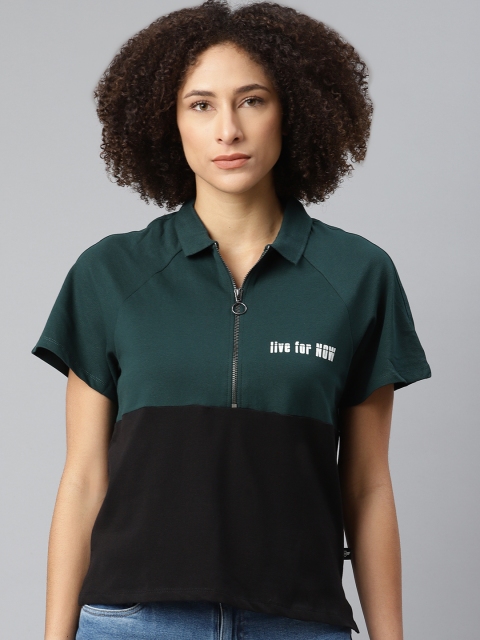

Roadster Women Green & Black Colourblocked T-shirt