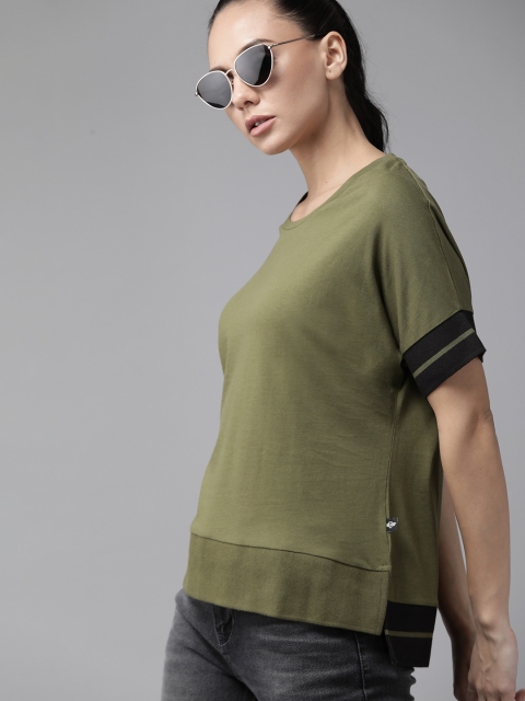 

The Roadster Lifestyle Co Women Olive Green Solid Born to Roam Pure Cotton T-shirt