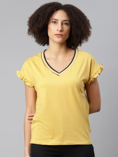 

The Roadster Lifestyle Co Women Yellow V-Neck Solid Pure Cotton Easy Boxy T-shirt