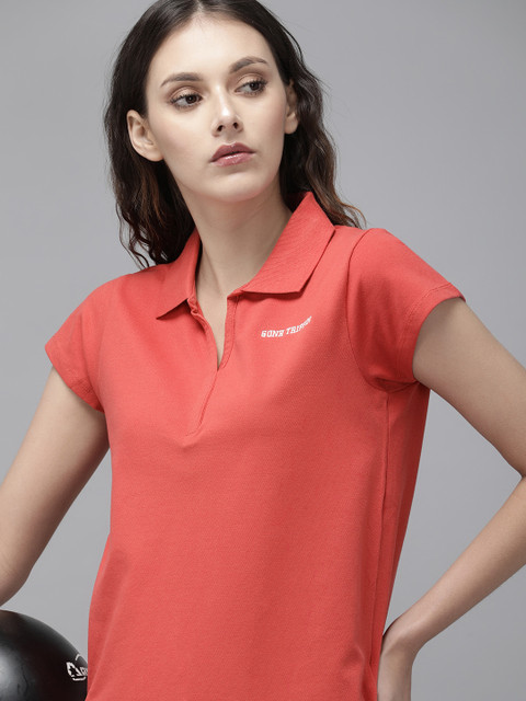 

Roadster Women Coral Red Solid Polo Collar T-shirt