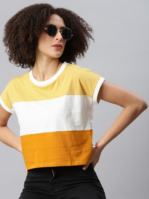 

Roadster Women Yellow & White Born to Roam Colourblocked Pure Cotton T-shirt