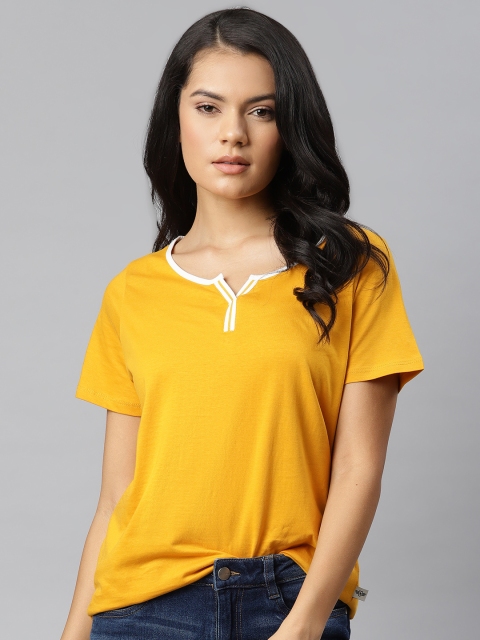 

Roadster Women Mustard Yellow Cotton Solid Contrast Round Neck T-shirt