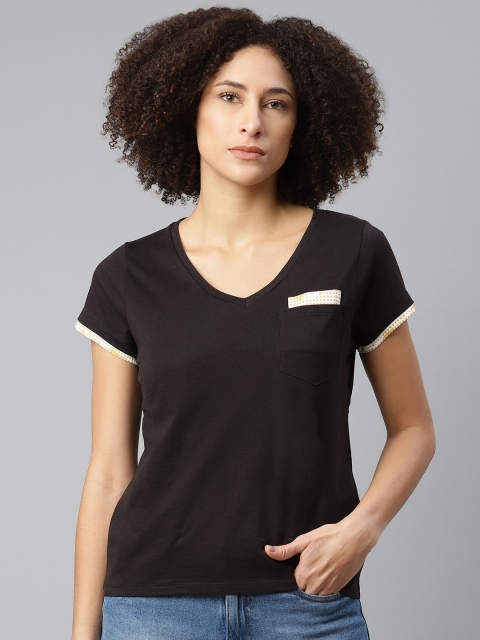 

Roadster Women Black Pure Cotton Solid V-Neck T-shirt