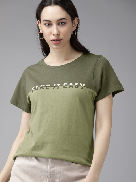 

Roadster Women Olive Green & Green Typography Printed T-shirt
