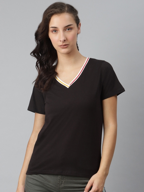 

Roadster Women Black Solid Pure Cotton V-Neck T-shirt