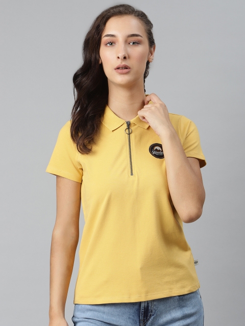 

The Roadster Lifestyle Co Women Yellow Solid Spread Collar Applique Detail T-shirt