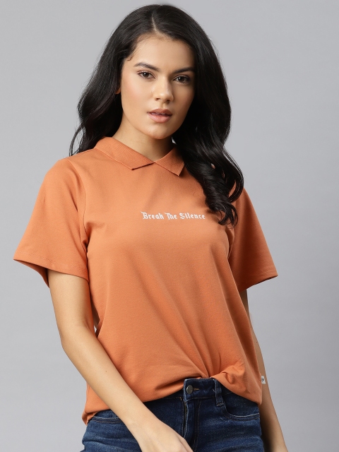 

Roadster Women Rust Orange Solid Peter Pan Collar T-shirt with Embroidered Detail