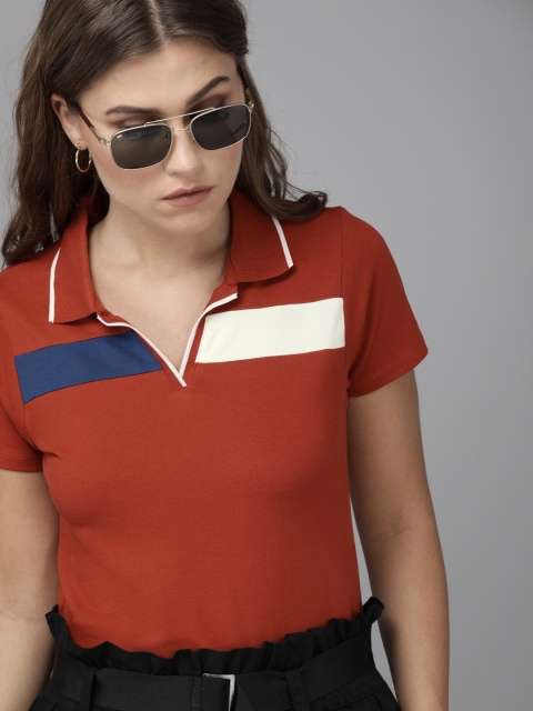 

The Roadster Lifestyle Co Women Red & Blue Colourblocked Polo Collar T-shirt
