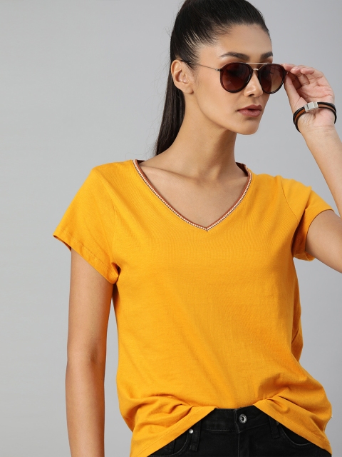 

The Roadster Lifestyle Co Women Mustard Yellow V-Neck T-shirt