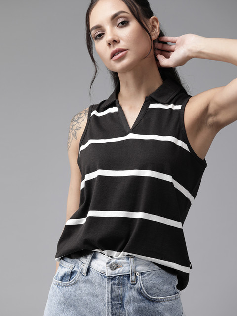 

The Roadster Lifestyle Co Women Black & White Striped Polo Collar Born to Roam Pure Cotton Rugby T-shirt