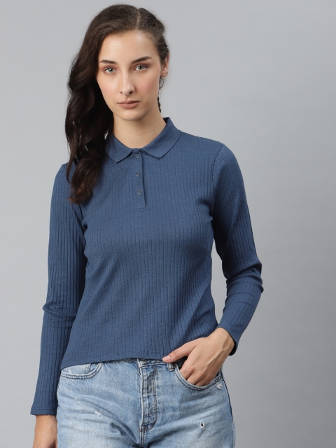 

Roadster Women Navy Blue Ribbed Polo Collar T-shirt