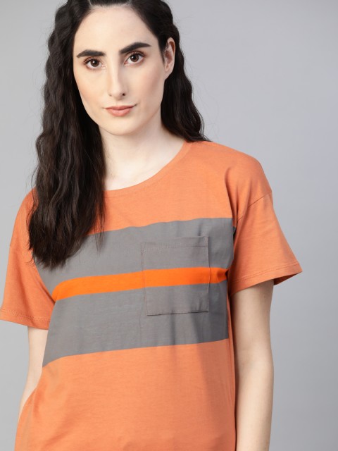 

Roadster Women Orange Grey Striped Drop-Shoulder Sleeves Pure Cotton T-shirt
