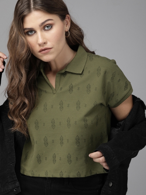 

The Roadster Lifestyle Co Women Olive Green & Black Geometric Printed Polo Collar Cropped T-shirt