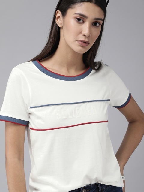 

The Roadster Lifestyle Co Women White Typography Printed Relaxed Pure Cotton T-shirt with Contrast Ribs