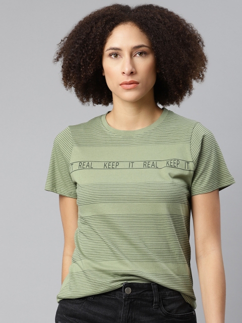 

Roadster Women Green Striped Pure Cotton T-shirt