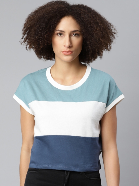 

The Roadster Lifestyle Co Women Blue White Colourblocked Pure Cotton Extended Sleeves Pure Cotton T-shirt