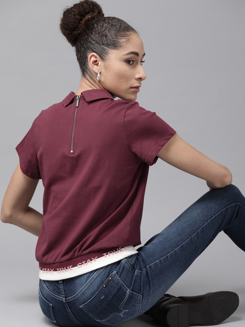 

The Roadster Lifestyle Co Women Burgundy Solid Shirt Collar Top