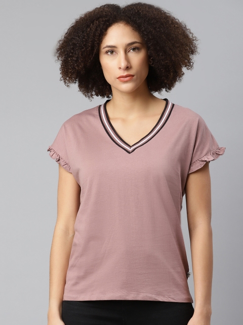 

Roadster Women Mauve Solid V-Neck Easy Boxy T-shirt