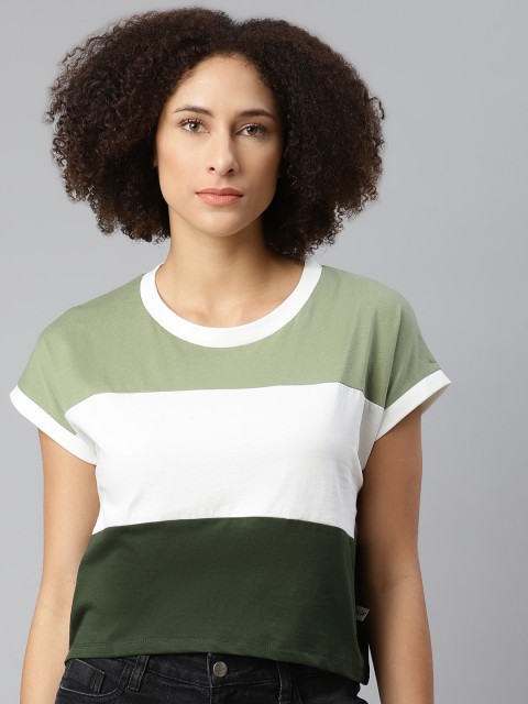 

Roadster Women Green & White Born to Roam Colourblocked Pure Cotton T-shirt