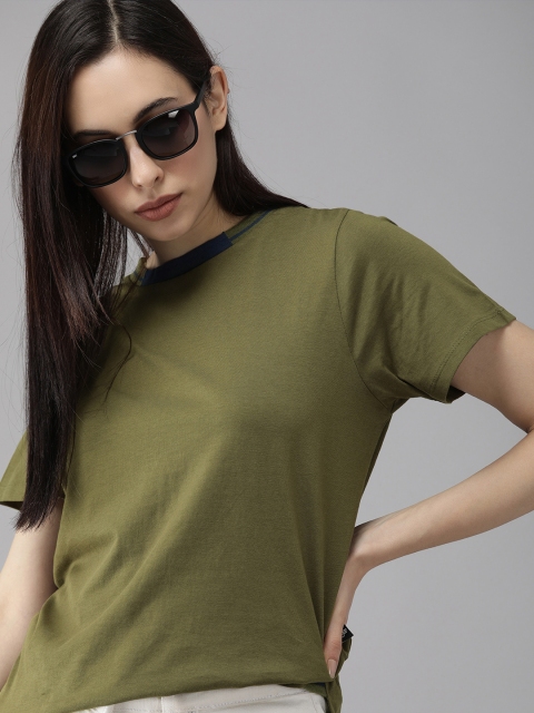 

The Roadster Lifestyle Co Women Olive Green Pure Cotton T-shirt with Contrast Tipping Rib