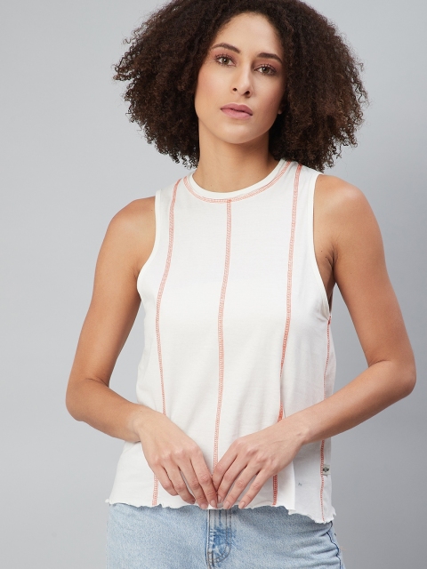 

The Roadster Lifestyle Co Women White Striped Round Neck Pure Cotton T-shirt