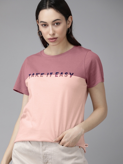 

The Roadster Lifestyle Co Women Pink Black Typography Printed Pure Cotton T-shirt