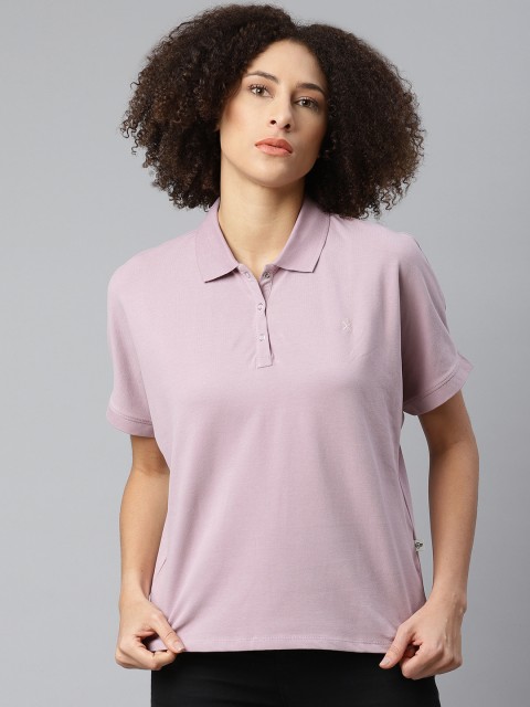 

Roadster Women Lavender Solid Polo Collar Extended Sleeves T-shirt