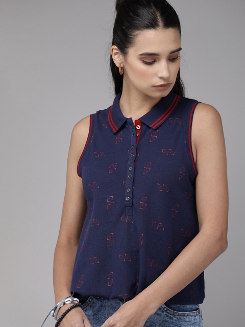 

The Roadster Lifestyle Co Women Navy Blue & Red Printed Polo Collar T-shirt