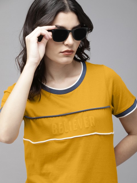 

The Roadster Lifestyle Co Women Mustard Yellow Typography Printed Pure Cotton T-shirt