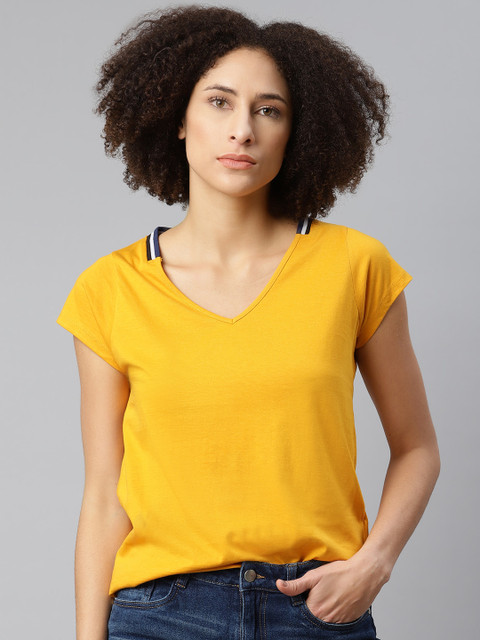 

Roadster Women Mustard Yellow Solid V-Neck Must Have Relaxed T-shirt